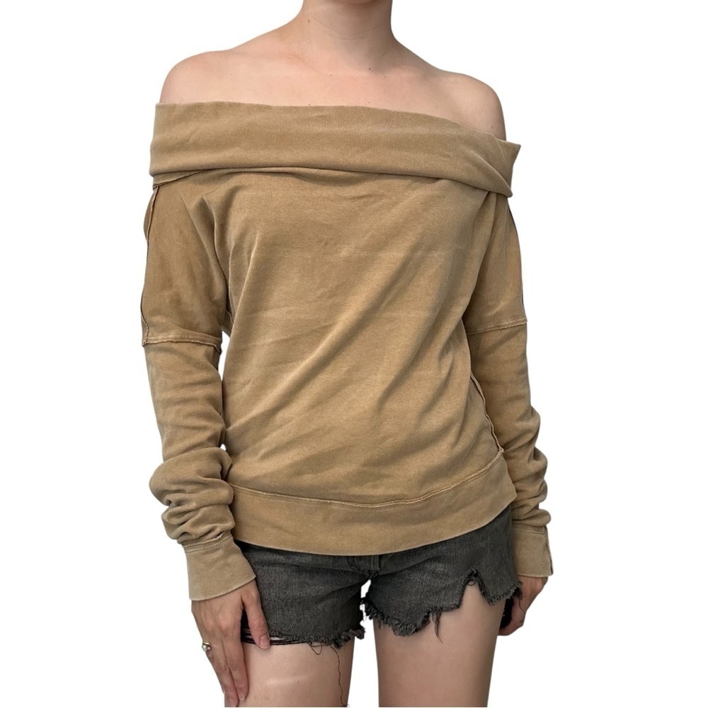 Free People Off Shoulder Sweater Top Long Sleeve Brown Tan Slouchy Size Small